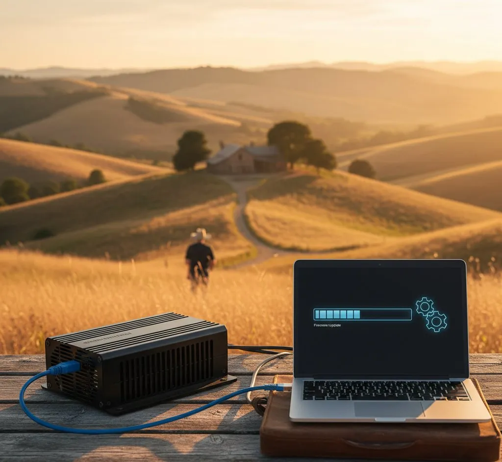 Solar inverter display showing firmware status and monitoring data