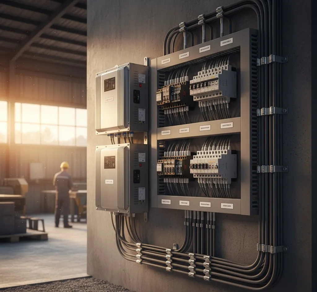 Technical electrical installation showing three-phase solar inverter setup